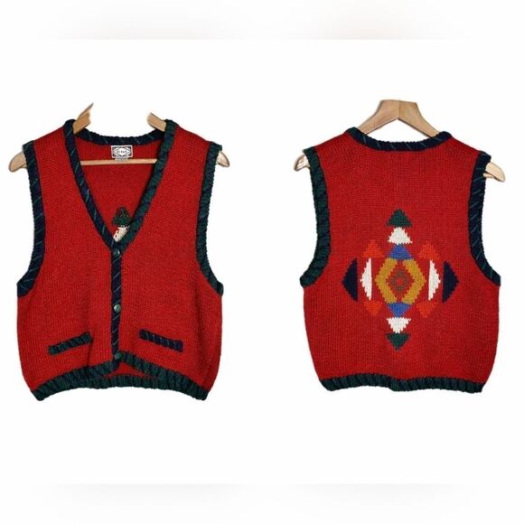 Sweaters - Vintage Southwestern Sweater Vest L Red Aztec Geometric Tribal Knit Button